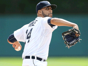 Detroit's David Price warms up prior to the start of the game against the San Francisco Giants at Comerica Park Saturday. (Photo by Leon Halip/Getty Images)