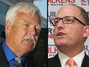 Rival Windsor mayoral candidates John Millson (L) and Drew Dilkens (R) on Sept. 19, 2014. (Dax Melmer / The Windsor Star)