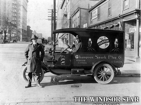 The first trip across Canada by motor car, crossing the Canadian Rockies was undertaken and accomplished by Charles A. Speers, left, now manager of the Champion Spark Plug Company of Canada and his companion Cal. A. Evans pictured on May 25, 1917. They left the Windsor office and reached Vancouver on October 16th where an official welcome was tendered by the mayor and city council. (Photo taken at Vancouver B.C. 1917)