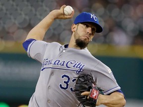 Kansas City Royals starting pitcher James Shields throws against the Tigers in Detroit, Wednesday, Sept. 10, 2014. The Tigers lost 3-0. (AP Photo/Carlos Osorio)