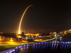 The view from Exploration Tower at Port Canaveral of the SpaceX Falcon 9 launch to the International Space Station from Launch Complex 40 at Cape Canaveral Air Force Station at 1:52 a.m. Sunday morning Sept. 21, 2014. This is a two and a half minute time exposure of the launch. AP/Malcolm Denemark/Florida Today ORG XMIT: FLROC103