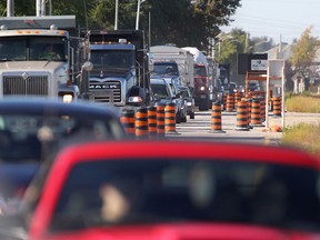 Traffic heading south on Ojibway Parkway is backed up at the three-way traffic light at E.C. Row Expressway, Monday, Sept. 22, 2014.  (DAX MELMER/The Windsor Star)