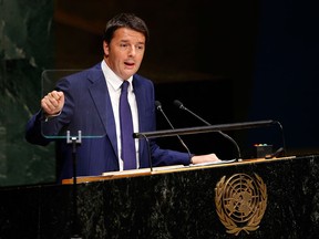 Prime Minister Matteo Renzi of Italy addresses the 69th session of the United Nations General Assembly in New York City on Thursday. Renzi visits Chrysler headquarters in Auburn Hills, Mich., on Friday. (Jason DeCrow / Associated Press)