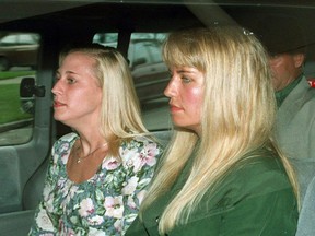 Karla Teale and her sister Lori (left) leave the provincial courthouse in St. Catharines, Ontario in a van with family members after the first day of her manslaughter trial stemming from the Kristen French and Leslie Mahafffy deaths in southern Ontario. (CP PHOTO) 1993 (Stf-Frank Gunn) ORG XMIT: 56030