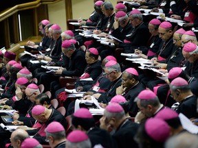 Bishops attend a morning session of a two-week synod on family issues at the Vatican, Monday, Oct. 13, 2014.