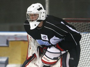 Spitfires goalie Brendan Johnston practises at the WFCU Centre. (DAX MELMER/The Windsor Star)