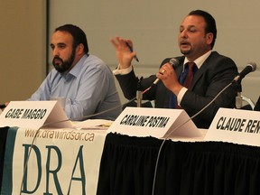 Ward 3 City Council candidates Rino Bortolin, left, Gabe Maggio and Caroline Postma during debate organized by the Downtown Residents Assoc. (DRA) at St. Clair College Centre for the Arts Tuesday October 14, 2014. Candidate Claude Reno did not attend. (NICK BRANCACCIO/The Windsor Star)