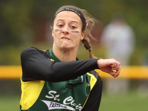 St. Clair's Alexa Georgiou throws a pitch against Humber College at Mic Mac Park in Windsor. (TYLER BROWNBRIDGE/The Windsor Star)