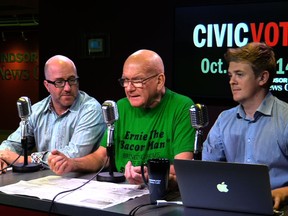 Donald McArthur, Ernie The Baconman and Dylan Kristy in The Windsor Star News Cafe on Oct. 9, 2014.