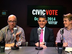 Donald McArthur, Windsor Mayor Eddie Francis and Dylan Kristy in The Windsor Star News Cafe on Oct. 8, 2014.