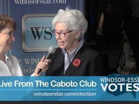Grace Macaluso chats with Jo-Anne Gignac at the Caboto Club on election night.