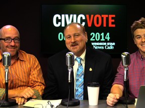 Donald McArthur, Windsor Mayoral Candidate Larry Horwitz and Dylan Kristy in The Windsor Star News Cafe.