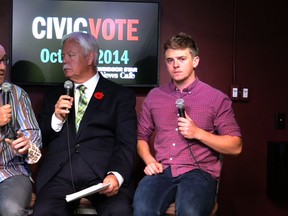 John Millson flanked by Donald McArthur and Dylan Kristy in The Windsor Star News Cafe on Oct. 24, 2014.