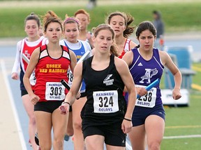 Essex's Sierra Wolfe takes the lead the pack in the girls' medley relay run during the 2010 Kennedy Relays at the University of WIndsor. (JASON KRYK/The Windsor Star)