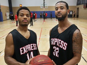 Former Herman high school players Gary Gibson, left, and R.J. Wells are reunited with the Windsor Express. (DAN JANISSE/The Windsor Star)