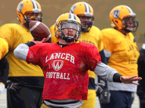 Lancers quarterback Austin Kennedy throws a pass during practice. (NICK BRANCACCIO/The Windsor Star)