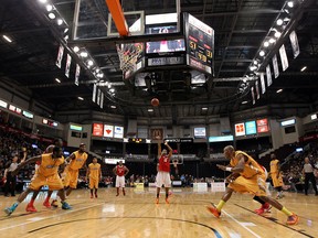 Windsor's Darren Duncan, centre, shoots a free throw against the Island Storm in Game 7 of the NBL of Canada championship final at the WFCU Centre. (TYLER BROWNBRIDGE/The Windsor Star)