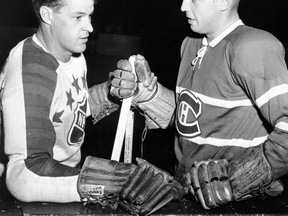 Detroit's Gordie Howe, left, chats with Montreal rival Jean Beliveau prior to a 1950s all-star game at the Montreal Forum. (DAVID BIER, CLUB DE HOCKEY CANADIEN)
