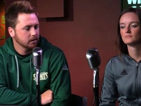 St. Clair College Players Of The Year are rookie Eric Cunningham, left, for men’s baseball and Sophomore Skyler Patteson for women’s fastball. (Windsor Star video capture)