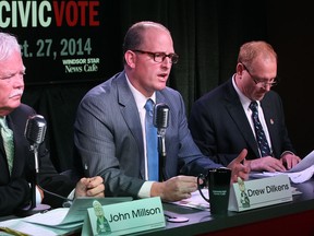 Windsor mayoral candidates (from left) John Millson, Drew Dilkens, and Larry Horwitz debate at The WIndsor Star News Cafe on Oct. 14, 2014. (Dax Melmer / The Windsor Star)