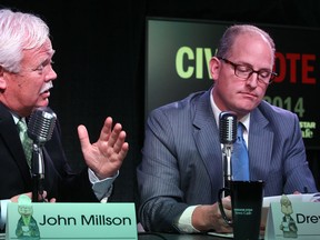From left, mayoral candidates John Millson and Drew Dilkens during  a mayoral candidates debate at the Windsor Star News Cafe, Tuesday, Oct. 14, 2014.  (DAX MELMER/The Windsor Star)