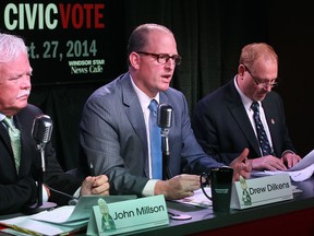 From left, mayoral candidates John Millson, Drew Dilkens, and Larry Horwitz, participate in a mayoral candidates debate at the Windsor Star News Cafe, Tuesday, Oct. 14, 2014.  (DAX MELMER/The Windsor Star)