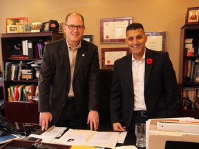 Newly elected mayor Drew Dilkens gets a look at his new office from outgoing mayor Eddie Francis at Windsor City Hall on Oct 28, 2014. (JASON KRYK/The Windsor Star)