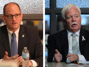 Mayoral candidates Drew Dilkens, left, and John Millson at The Windsor Star on Oct. 9, 2014. (Jason Kyrk/The Windsor Star)
