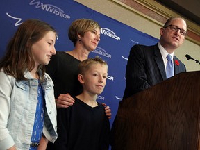 Drew Dilkens is joined at the podium by his wife Jane Deneau and his children Madison and Jack at the Caboto Club in Windsor on Monday, October 27, 2014.                (TYLER BROWNBRIDGE/The Windsor Star)
