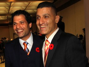 Newly elected city councillor Fred Francis (L) and brother Eddie Francis are shown at the Caboto Club on Monday, Oct. 27, 2014. (DAN JANISSE/The Windsor Star)