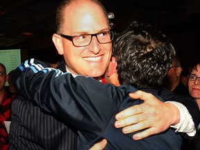 Newly elected mayor Drew Dilkens is all smiles as he enters the Caboto Club on Monday, Oct. 27, 2014. (DAN JANISSE/The Windsor Star)