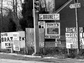Cross over the city-township border into Sandwich West and this assembly of signs pictured on Nov. 26, 1975 shout for the motorists' attention. The election campaign is in high gear in the township just as it is in Windsor and 20 other municipalities in Essex County. The scene is the intersection of Todd Lane and Malden Road in Sandwich West. (Windsor Star File Photo)