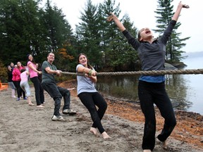 Maia Iannetta celebrates a tug-o-war victory with her teammates at the Muskoka Woods camp in Rosseau, ON. Groups of local students have been visiting the camp for the past 20 years. (DAN JANISSE/The Windsor Star)