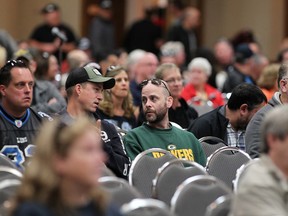Unifor Local 200 members attend a meeting between union members and their leadership at the Caboto Club, Sunday, Oct. 25, 2014.  The meeting was to discuss Ford's decision not to invest in Windsor.  (DAX MELMER/The Windsor Star)
