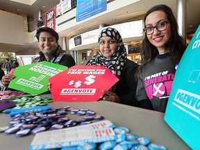 University of Windsor students Abdur Rahim (L), Shaista Akbar (C) and Farah El-Hajj are shown at the CAW Student Centre at the school on Thursday, Oct. 23, 2014. They are part of the Generation Vote organization that encourages students to vote in the upcoming municipal election. (DAN JANISSE/The Windsor Star)