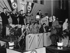 The Bobby Vern Band performs at the Windsor Flying Club at the airport in 1948 or 1949. That's Bobby Brew on drums, even though the initials on the front of the bass drum are someone else's (his insignia wasn't ready). Front row: saxophonists Lloyd Cooke, Ken Vollins, Bill Meeke and Lou Cory,trumpeter and bandleader Vern Peifer, vocalist Mary Lou Boutette; back row: trombonists Ray Robinson, Dave Wedors, Stan Scram and Bill Taylor. (Photo courtesy of Bret Peifer)