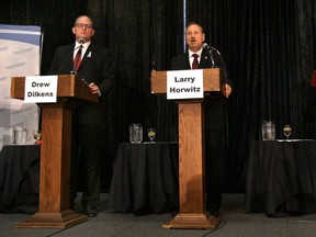 Windsor mayoral candidates Drew Dilkens (L), Larry Horwitz (C) and John Millson participate in the Windsor-Essex Regional Chamber of Commerce debate on Wed. Oct. 8, 2014, at the Caboto Club in Windsor, ON. (DAN JANISSE/The Windsor Star)