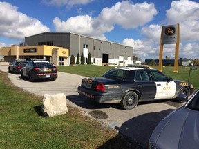 Essex County OPP investigate a threats complaint at the John Deere Nortrax building in the 5500 block of Outer Drive on Oct. 15, 2014