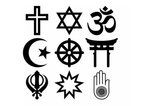 A variety of religious symbols. From top left: Christianity, Judaism, Hinduism, Islam, Buddhism, Shintoism, Sikhism, Baha'i, and Jainism.