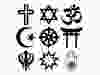 A variety of religious symbols. From top left: Christianity, Judaism, Hinduism, Islam, Buddhism, Shintoism, Sikhism, Baha'i, and Jainism.