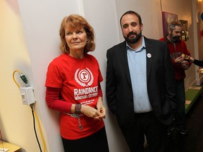 Amanda Gellman and Rino Bortolin take part in a kickoff and campaign event at Raindance Windsor in Windsor on Monday, October 6, 2014. Raindance announced their plans for a new talent database that would allow local artist to network. Bortolin was on hand to lend his support to the project and pledged to support it if he was elected as a city councillor.                      (TYLER BROWNBRIDGE/The Windsor Star)