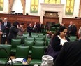 Conservative MP Nina Grewal illustrates MP lock down showing barricaded doors inside Reading Room (TwitPic)