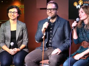 The Star's Beatrice Fantoni, left, Julian Revin, second from right, and Ted Shaw, far right, talk to Windsor International Film Festival executive director Vincent Georgie on Oct. 31, 2014 in the Windsor Star News Cafe.