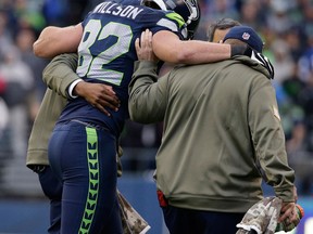 LaSalle’s Luke Willson of the Seattle Seahawks left Sunday’s 38-17 victory against the New York Giants in the second quarter with an ankle injury. (AP photo)