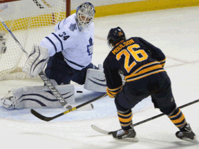 Buffalo's Matt Moulson, right, scores a goal on Toronto goalie James Reimer Saturday in Buffalo. (AP Photo/AdamWiepert)