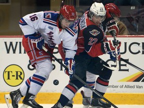 Windsor's Sam Povorozniouk, right, is checked by Kitchener's Brent Pedersen at the WFCU Centre. (DAN JANISSE/The Windsor Star)