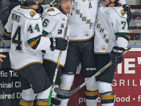 London's Michael McCarron, second from right, celebrates a goal against the Guelph Storm at the Budweiser Gardens earlier this month. (Photo by Claus Andersen/Getty Images)