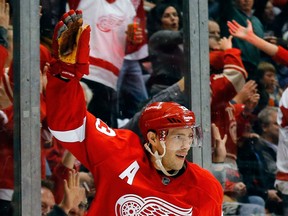 Detroit Red Wings centre Pavel Datsyuk celebrates scoring a goal against the Philadelphia Flyers in the second period Wednesday. (AP Photo/Paul Sancya)