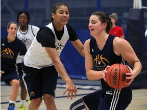 University of Windsor's Korissa Williams, left, tries to steal the basketball from Andrea Kiss during practice at the St. Denis Centre. (NICK BRANCACCIO/The Windsor Star)