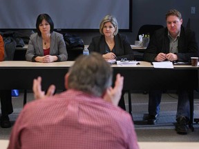 Ontario NDP leader, Andrea Horwath, centre-right, is joined by local MPP's, from left, Percy Hatfield, Lisa Gretzky, and Taras Natyshak as they listen to Joe Fauteux during a roundtable discussion regarding the Community Care Access Centre cuts to home care services, Saturday, Nov. 29, 2014.  Fauteux helps care for his 89-year-old mother-in-law and depends on CCAC for assistance.    (DAX MELMER/The Windsor Star)